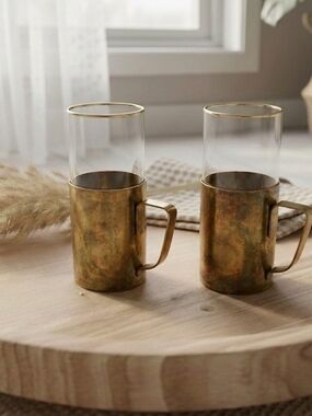 Vintage MCM Irish Coffee Mugs Brass Sleeve Gold Rim Highball Glasses Mid Century